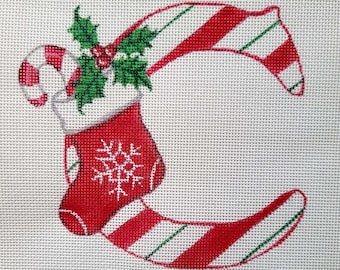 Needlepoint Canvas Handpainted 5"X 5.5"   Christmas Letter "C" on 18ct.