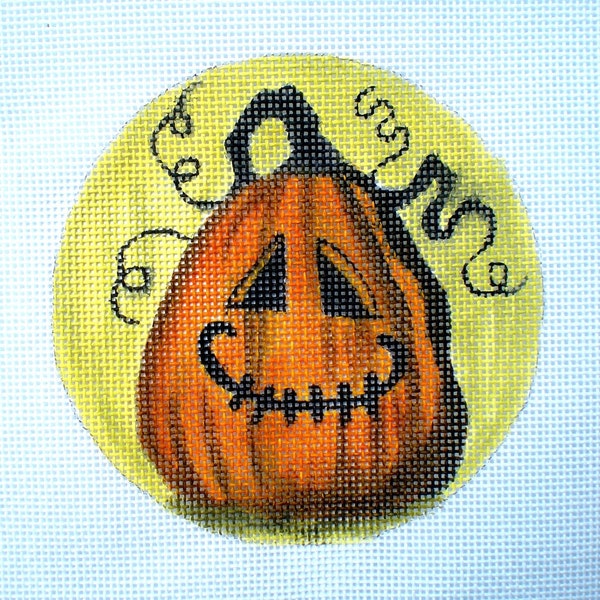 Needlepoint Canvas Handpainted 4" Spooky Jack O Lantern on 18ct.