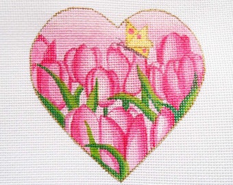 Needlepoint Canvas Handpainted 4" Tulip Heart on 18ct.