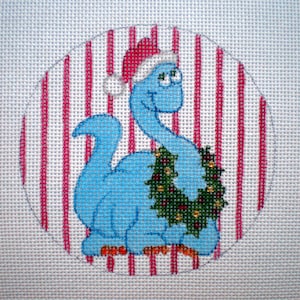 Needlepoint Canvas Handpainted 4&quot; Blue Dino on 18ct.