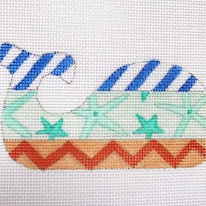 Needlepoint Canvas Handpainted 4&quot; X 2&quot; Whale, Sea Stars and Stripes on 18ct.