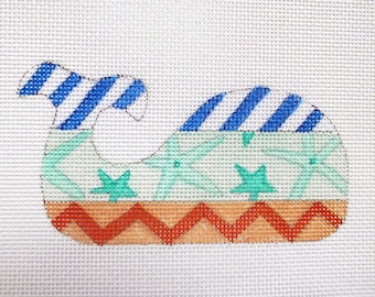 Needlepoint Canvas Handpainted 4" X 2" Whale, Sea Stars and Stripes on 18ct.