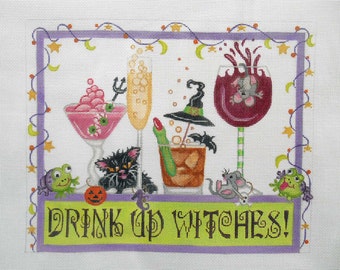 Needlepoint Canvas Handpainted  Drink Up Witches! on 18ct.