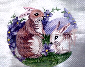 Needlepoint Canvas Handpainted 4" Bunnies,Violets and Easter Egg on 18ct.