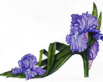 Needlepoint Canvas Handpainted Purple Iris Slipper on 18ct.