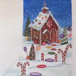 Needlepoint Canvas Handpainted Gingerbread House Stocking on 14ct.