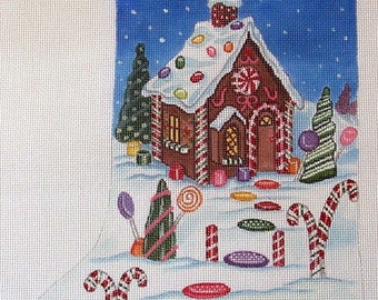 Needlepoint Canvas Handpainted Gingerbread House Stocking on 14ct.