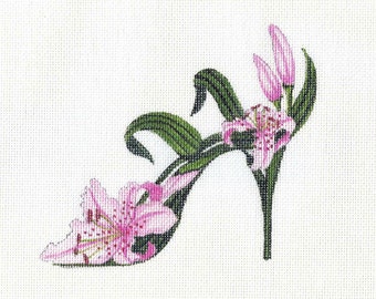 Needlepoint Canvas Handpainted  Raspberry Lily Slipper 18ct.