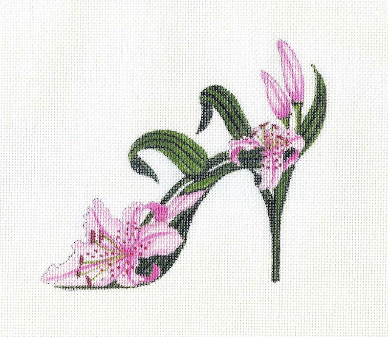 Needlepoint Canvas Handpainted Raspberry Lily Slipper 18ct. image 1