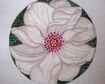 Needlepoint Canvas Handpainted White Magnolia Pink Center