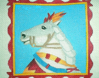 Needlepoint Canvas Handpainted 5" White Renaissance Horse on 18ct.