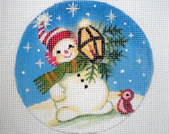 Needlepoint Canvas Handpainted 4" Snowman, Lantern and a redbird on 18ct.