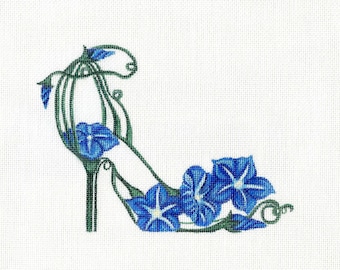 Needlepoint Canvas Handpainted  Blue Morning Glory Slipper on 18ct.