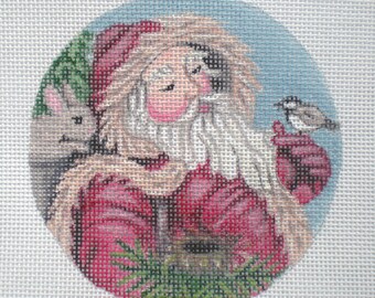 Needlepoint Canvas Handpainted 4" Santa Holding Bird on 18ct.