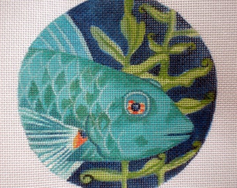 Needlepoint Canvas Handpainted 5" Parrot Fish on 18ct.