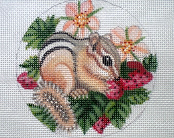 Handpainted Needlepoint Canvas 4" Baby Chipmunk and Strawberries Handpainted on 18ct.