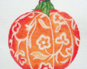 Handpainted Needlepoint Canvas 5" Orange Floral Pumpkin, 14ct.