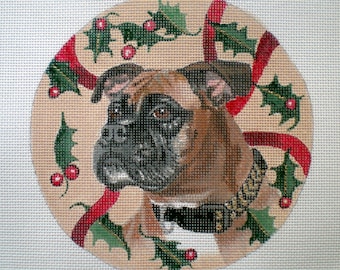 Needlepoint Canvas Handpainted 6" Boxer Portrait on 18ct.