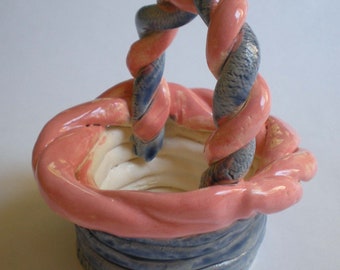 Hand Sculpted Ceramic Pink and Blue Basket 5" X 5"