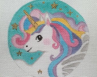 Needlepoint Canvas Hand painted 4" Sprinkles the Flying Unicorn on 18ct.