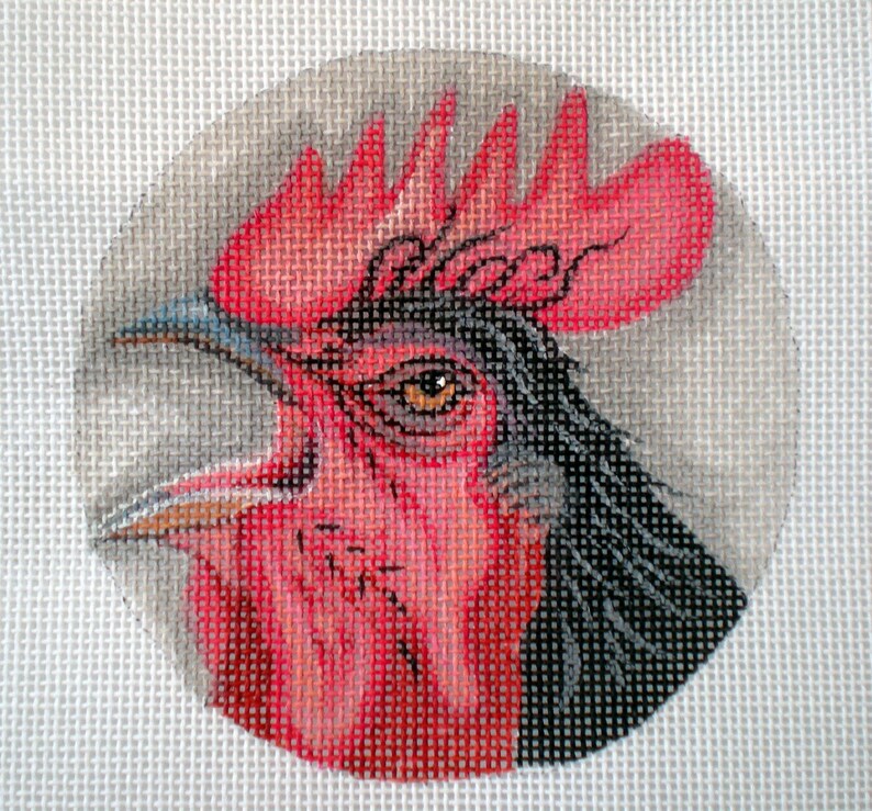 Needlepoint Canvas Handpainted 4 Black Rooster on 18ct. Etsy