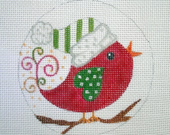 Needlepoint Canvas Handpainted 4" Red Holiday Bird on 18ct.