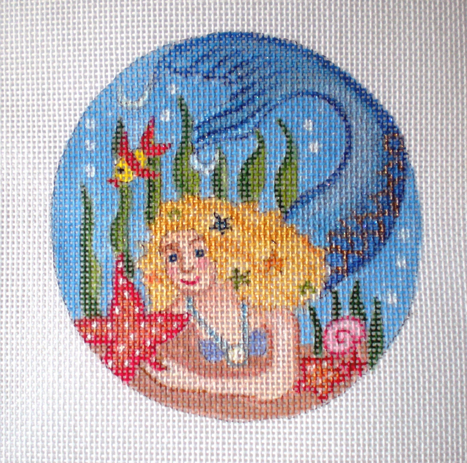 Needlepoint Canvas Handpainted 4 Mermaid and Starfish 18ct. Etsy