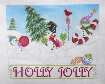 Needlepoint Canvas Hand painted Holly Jolly Snowmen on 18ct.