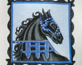 Needlepoint Canvas Handpainted 5" Black Renaissance Horse on 18ct.