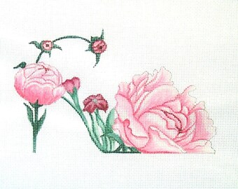 Needlepoint Canvas hand painted Pink Peony Slipper on 18ct. canvas