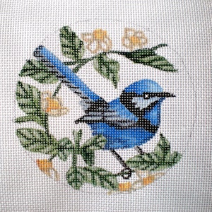 Needlepoint Canvas Handpainted 4&quot; Bluejay on 18ct.
