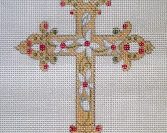 Needlepoint Canvas Handpainted Gold Cross with White Flowers 18ct.