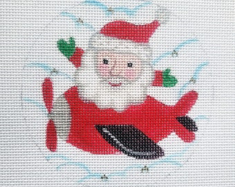 Needlepoint Canvas Handpainted 4" Santa Flying in Christmas Plane on 18ct.