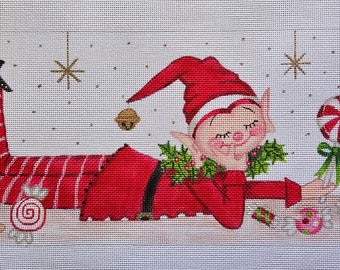 Needlepoint Canvas Handpainted 15" X 6" Elf with his Candy on a Shelf!!! on 18ct.