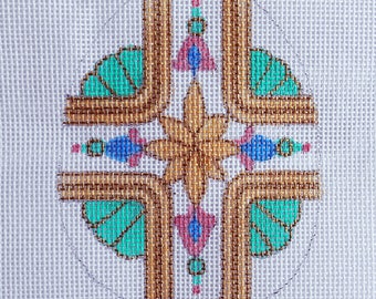 Needlepoint Canvas Handpainted 4" X 3"  Aqua, and Gold Egg on 18ct.