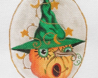 Needlepoint Canvas Handpainted 5" X 4" Portrait of the Pumpkin Witch on 18ct.