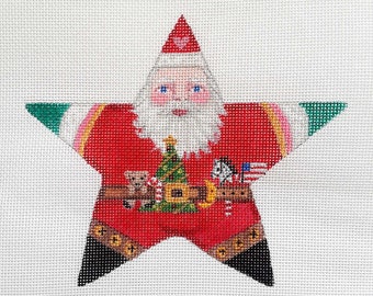 Needlepoint Canvas Handpainted Old World Santa Star and Toys on 18ct