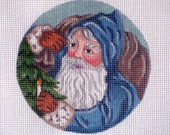 Needlepoint Canvas Hand painted 4" Old World Santa in Blue with Candle on 18ct.