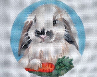 Needlepoint Canvas Handpainted Flopped eared Bunny and Carrot on 18ct. Zweigart