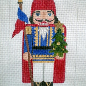 Needlepoint Canvas Handpainted 10&quot; Stand -up Red Helmut with Tree Nutcracker on 18ct.