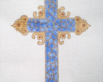 Needlepoint Canvas Handpainted 7" X 5" Gold and Blue Mosaic Cross on 18ct.