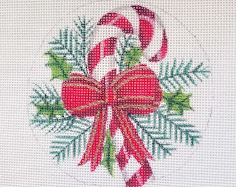 Needlepoint Canvas Handpainted  4" Candy Cane, Holly, and Ribbon on 18ct.