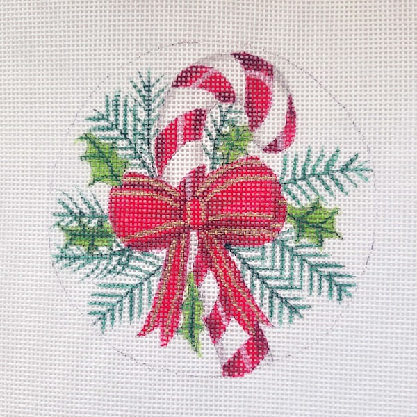 Needlepoint Canvas Handpainted  4" Candy Cane, Holly, and Ribbon on 18ct.