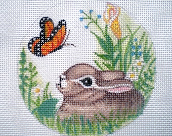 Hand Painted Needlepoint Canvas Baby Bunny with Butterfly on 18ct.