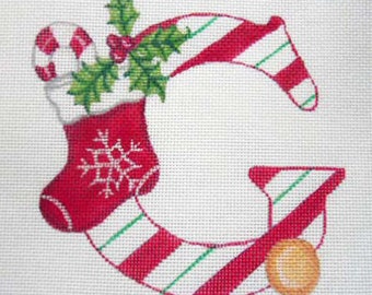 Needlepoint Canvas Handpainted 5" X 5" Christmas Letter " G " on 18ct.