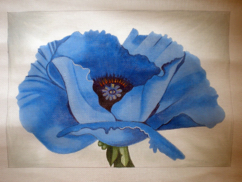 Needlepoint Canvas Hand Painted 17 X 12 Blue Poppy on 14ct. Etsy