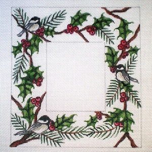 Needlepoint Canvas Hand Painted Frame Chickadees and Holly on 18ct.