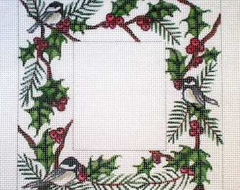 Needlepoint Canvas Hand painted Frame Chickadees and Holly on 18ct.