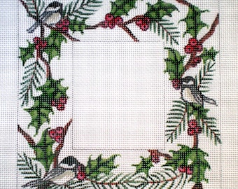 Needlepoint Canvas Hand Painted Frame Chickadees and Holly on 18ct.