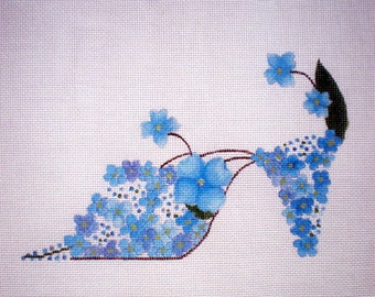 Needlepoint Canvas Handpainted Blue Hydrangea slipper on 18ct.